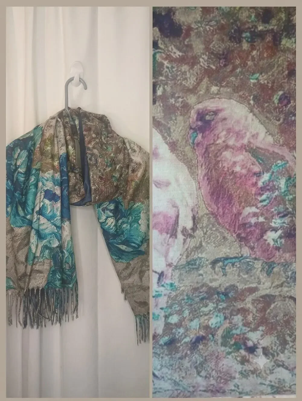 Womens Artsy Bird Scarf Shawl Viscose Cashmere Colorful Whimsical Boho Cozy